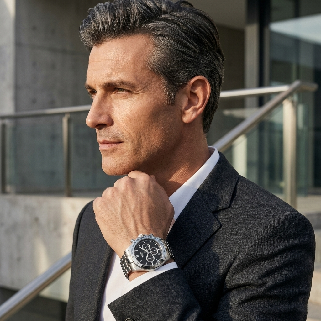 Hugo Boss Ikon 1512965 Silver Case Black Dial Silver Metal Men's Watch