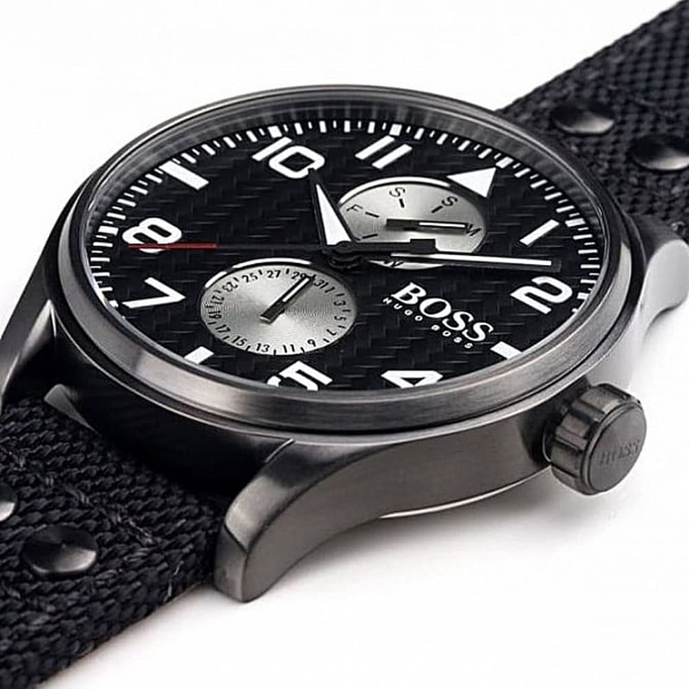 Hugo Boss Aeroliner Maxx 1513086 Matte Black Case Black Woven Dial Black Synthetic Fiber Men's Watch