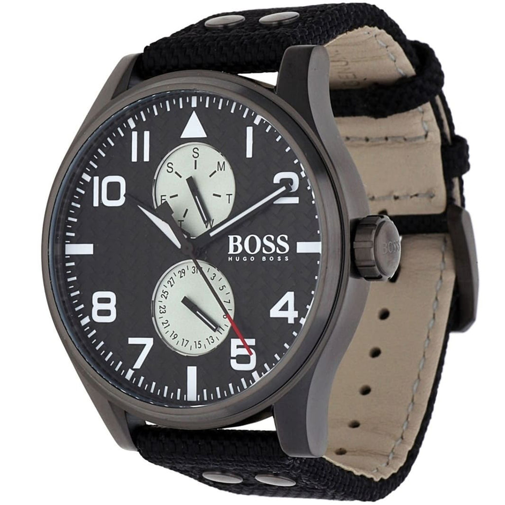 Hugo Boss Aeroliner Maxx 1513086 Matte Black Case Black Woven Dial Black Synthetic Fiber Men's Watch