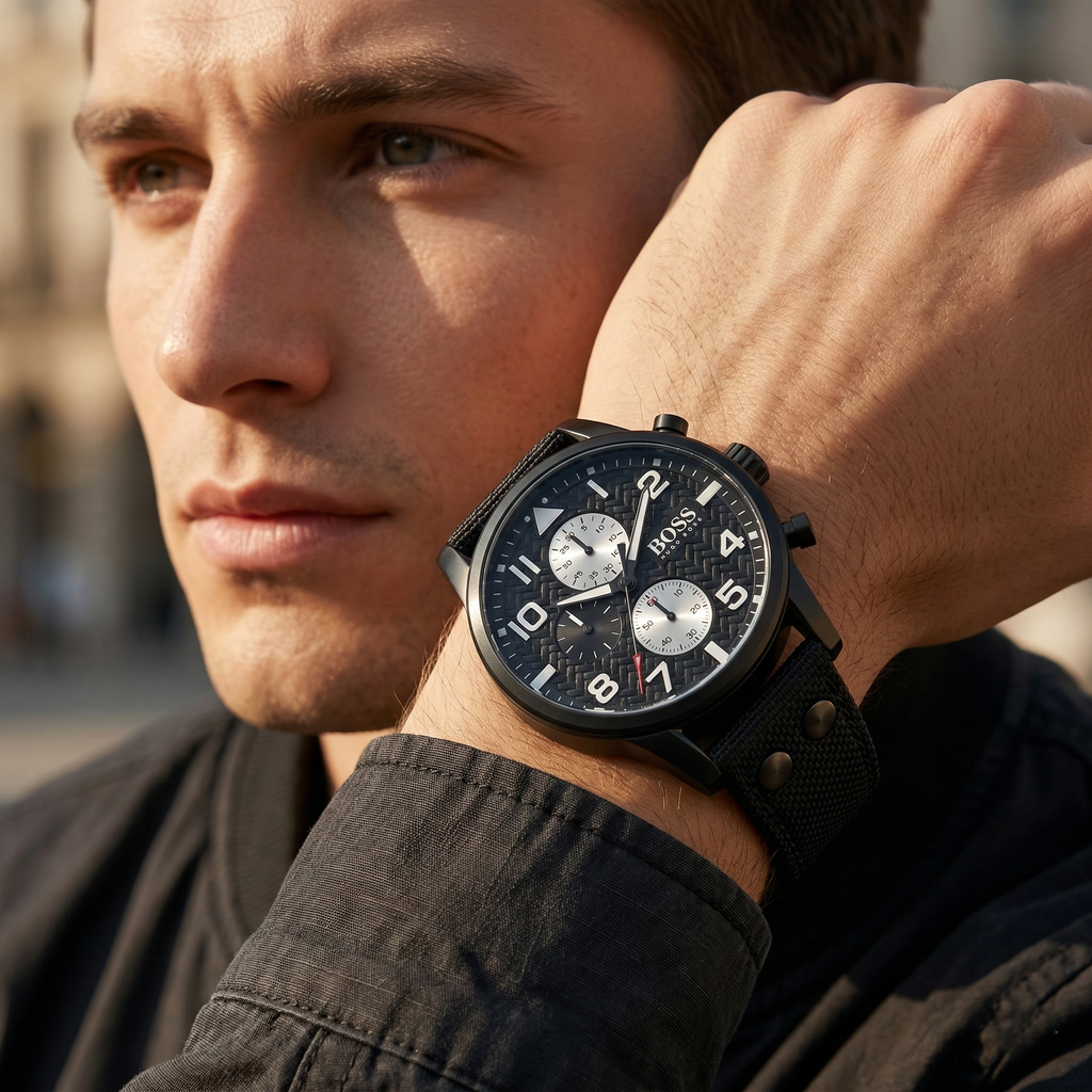 Hugo Boss Aeroliner Maxx 1513086 Matte Black Case Black Woven Dial Black Synthetic Fiber Men's Watch