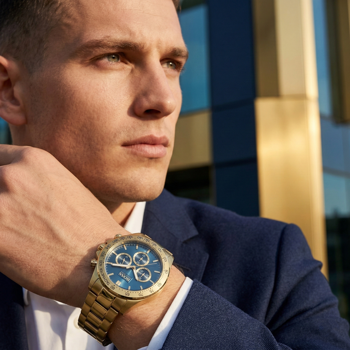 Hugo Boss Ikon 1513340 Gold Case Blue Dial Gold Metal Men's Watch