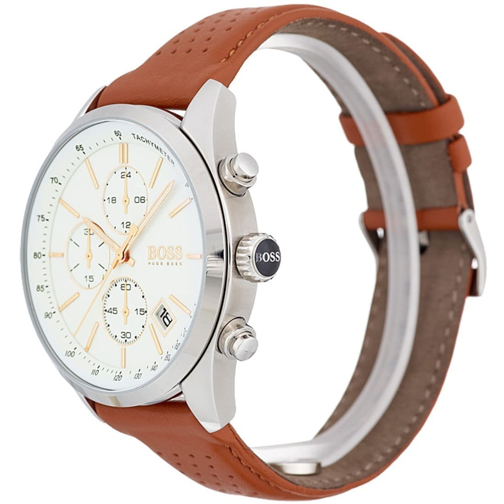 Hugo Boss Grand Prix 1513475 Silver Case White Dial Brown Leather Men's Watch
