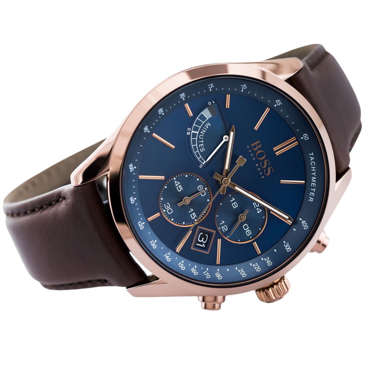 Hugo Boss Grand Prix 1513604 Silver Case Blue Dial Brown Leather Men's Watch