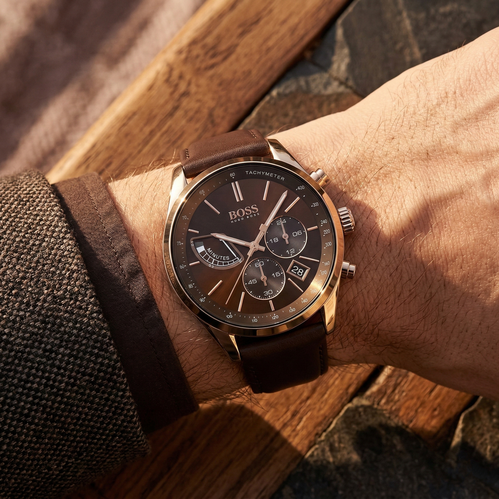 Hugo Boss Grand Prix 1513605 Rose Gold Case Brown Dial Brown Leather Men's Watch