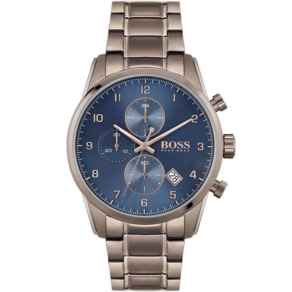 Hugo Boss Skymaster 1513788 Silver Case Blue Dial Brown Metal Men's Watch