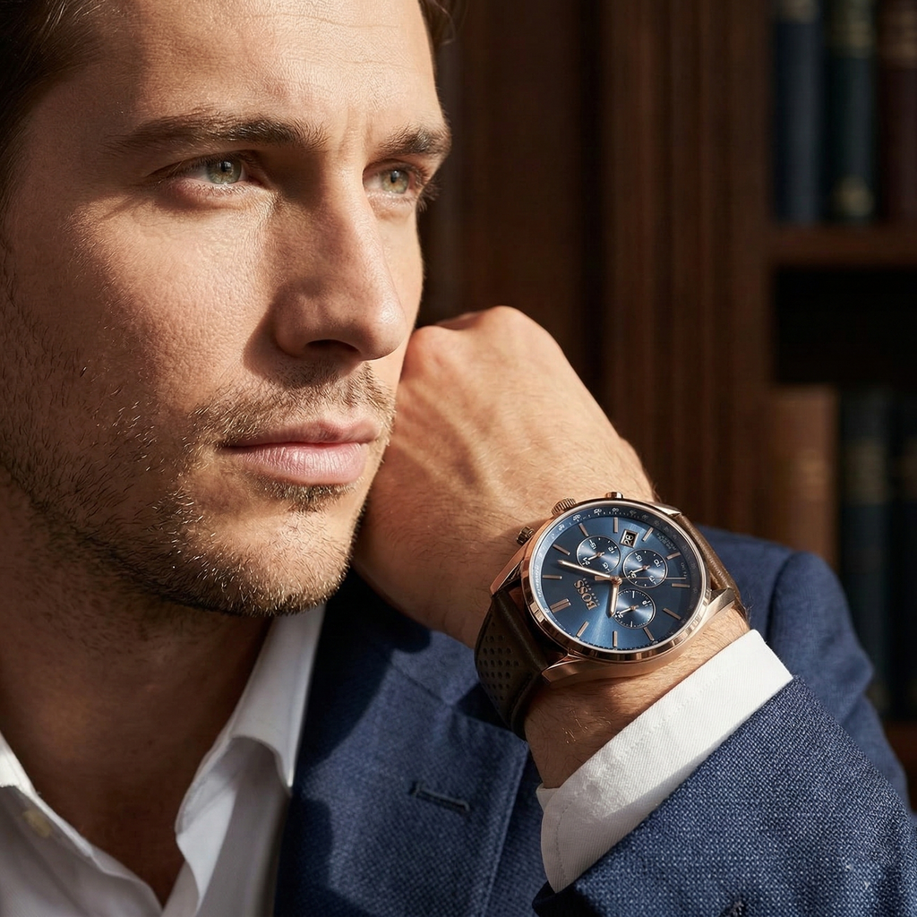 Hugo Boss Champion 1513817 Rose Gold Case Blue Dial Brown Leather Men's Watch