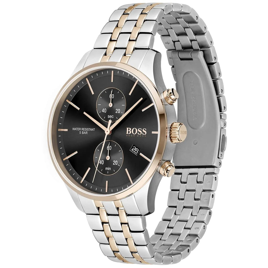 Hugo Boss Associate 1513840 Two-Tone Silver Rose Gold Case Black Dial Men's Watch