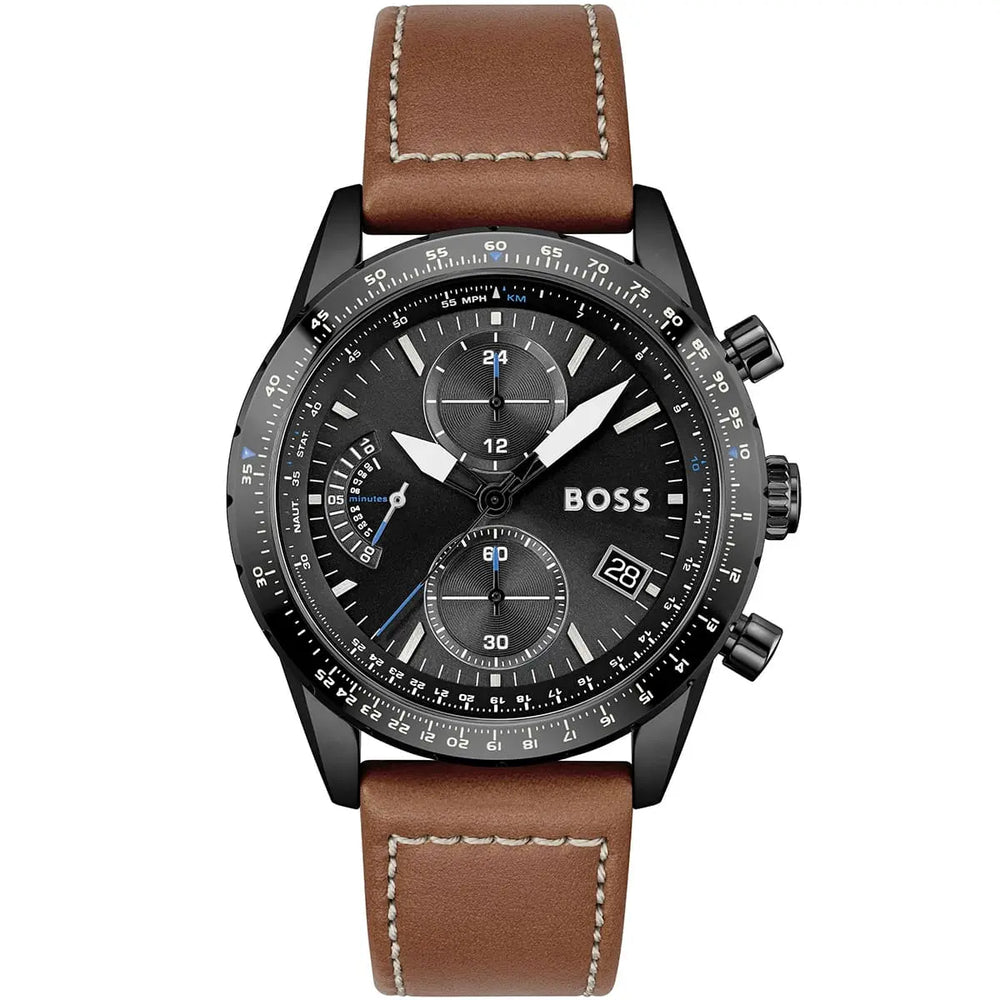 Hugo Boss Pilot Edition 1513851 Black Case Black Dial Brown Leather Men's Watch