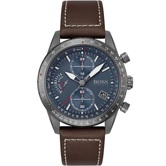 Hugo Boss Pilot Edition Chrono 1513852 Grey Case Blue Dial Brown Leather Men's Watch