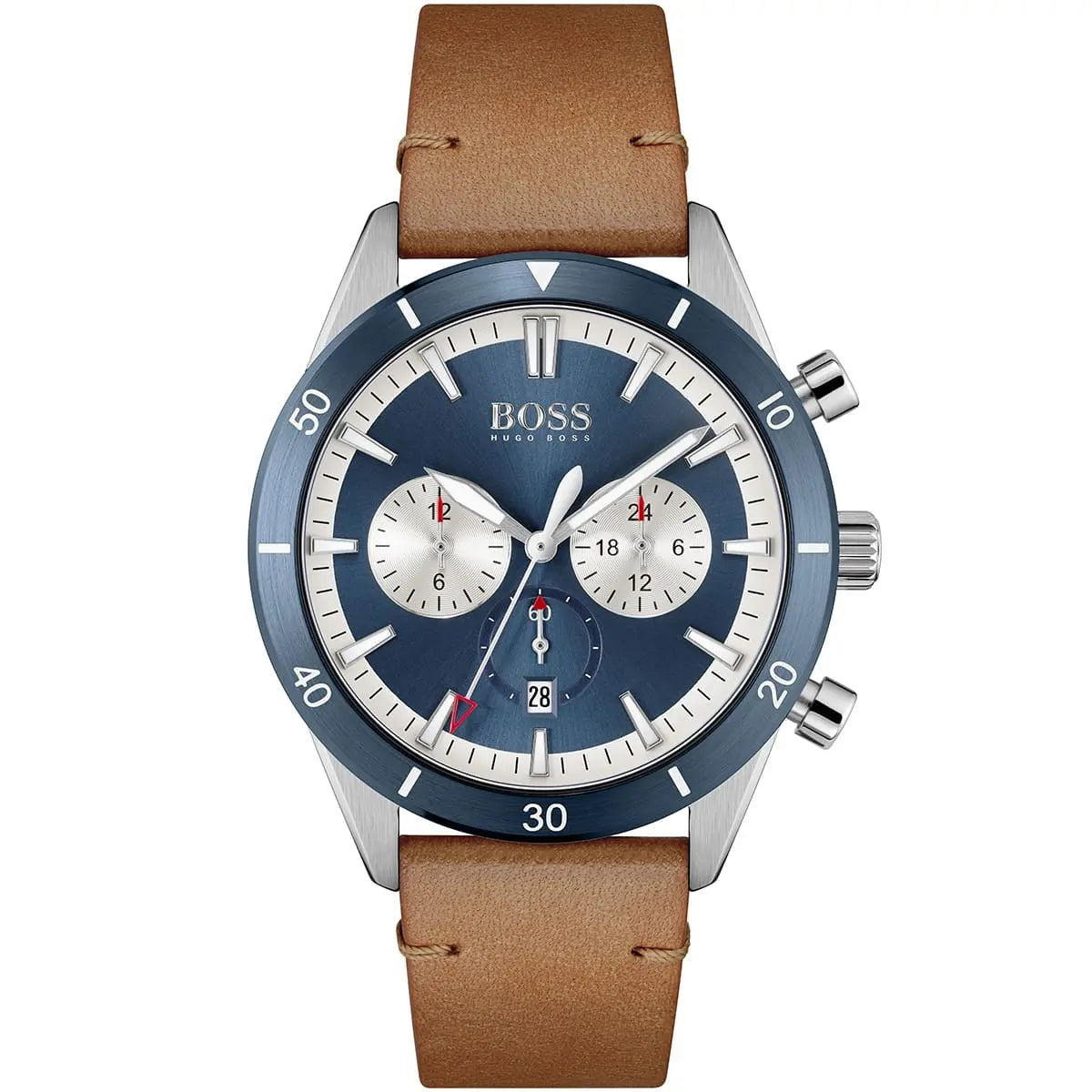 Hugo Boss Santiago 1513860 Silver Case Blue Dial Brown Leather Men's Watch