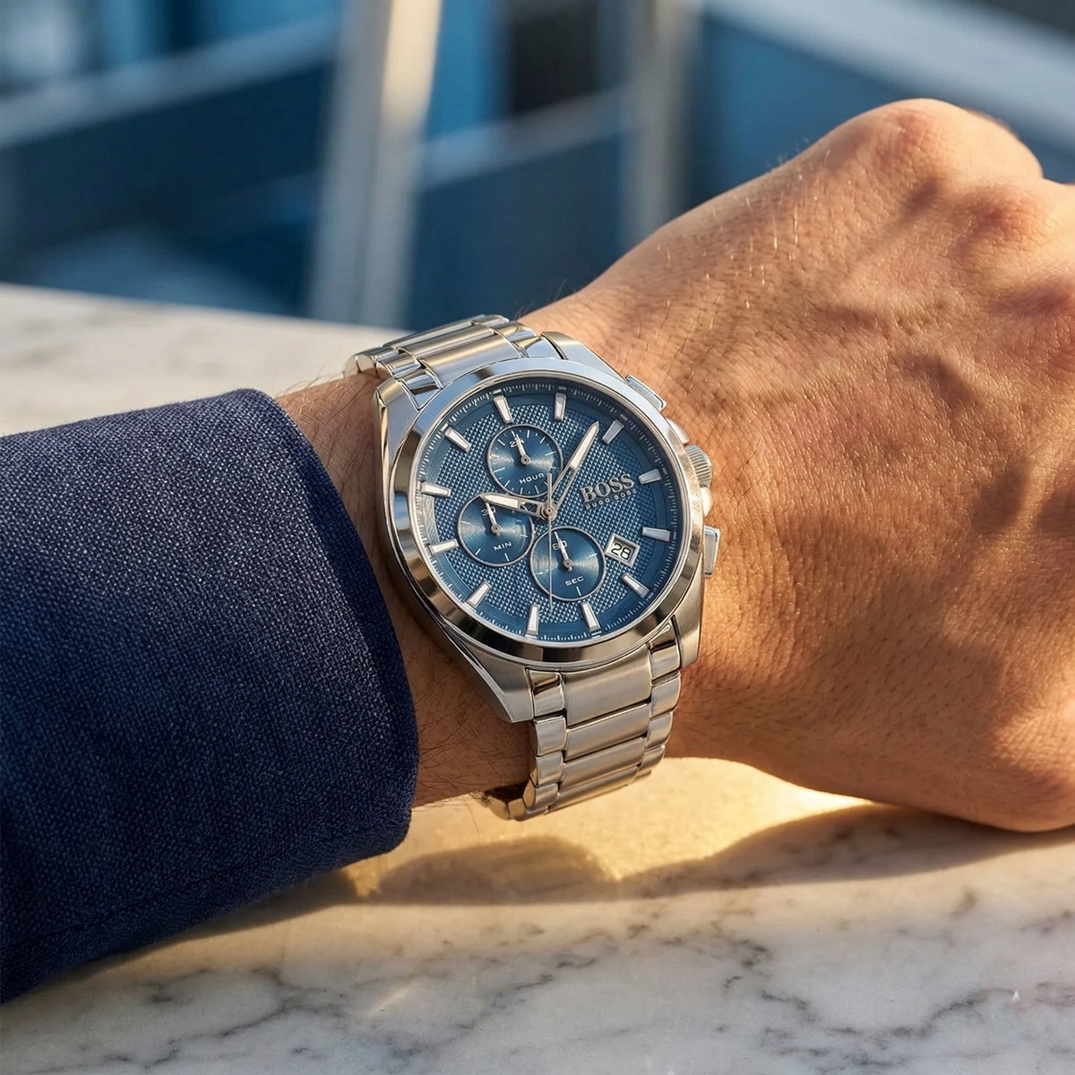 Hugo Boss Grandmaster 1513884 Silver Case Blue Dial Silver Metal Men's Watch