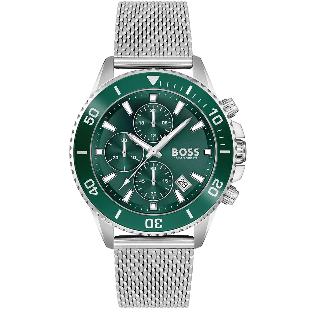 Hugo Boss Admiral 1513905 Men's Green Diver Watch Silver Mesh
