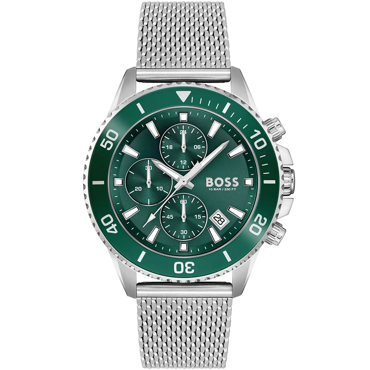 Hugo Boss Admiral 1513905 Men's Green Diver Watch Silver Mesh