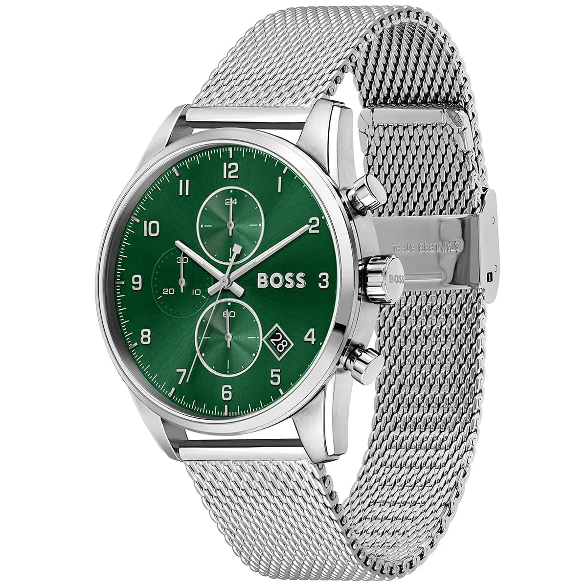 Hugo Boss Skymaster 1513938 Silver Case Green Dial Silver Mesh Bracelet Men's Watch