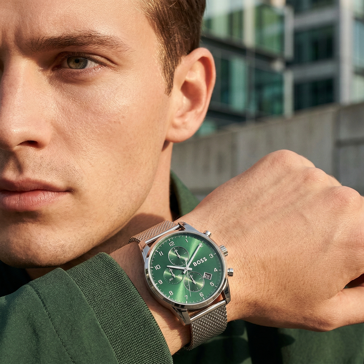Hugo Boss Skymaster 1513938 Silver Case Green Dial Silver Mesh Bracelet Men's Watch