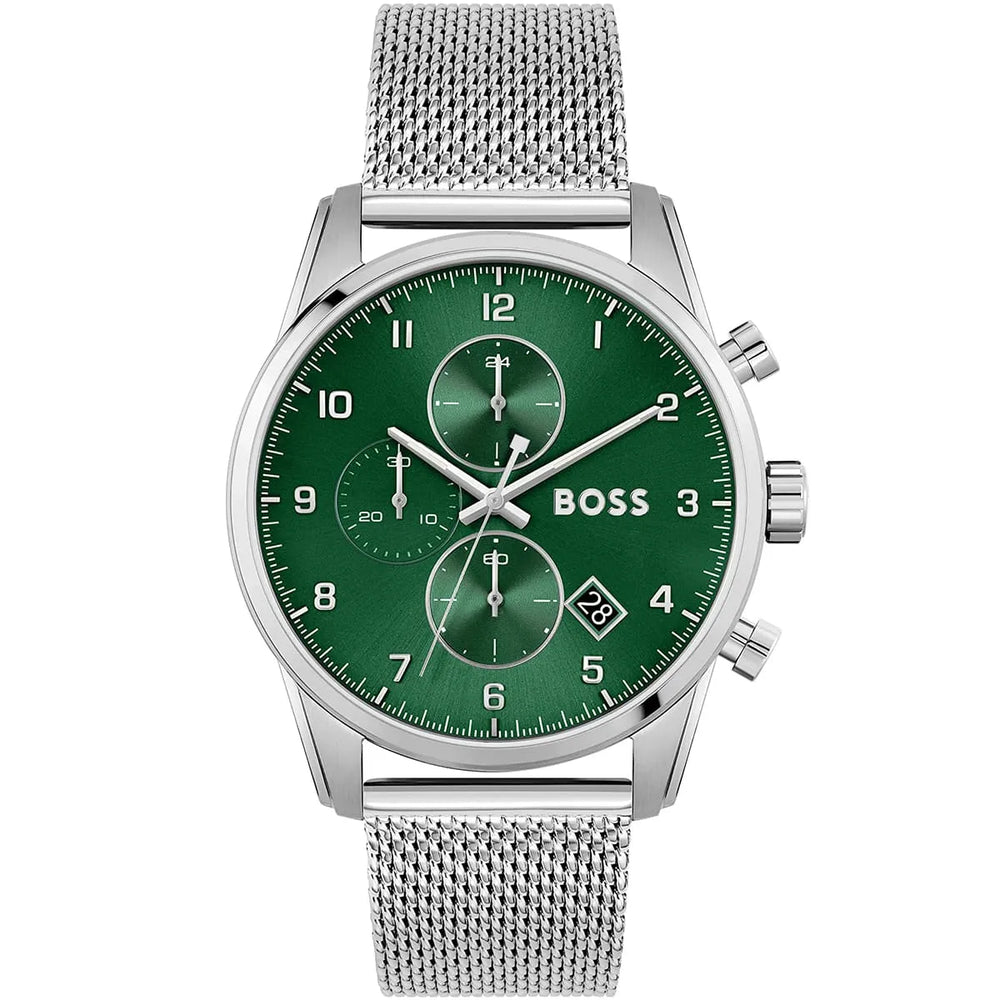 Hugo Boss Skymaster 1513938 Silver Case Green Dial Silver Mesh Bracelet Men's Watch