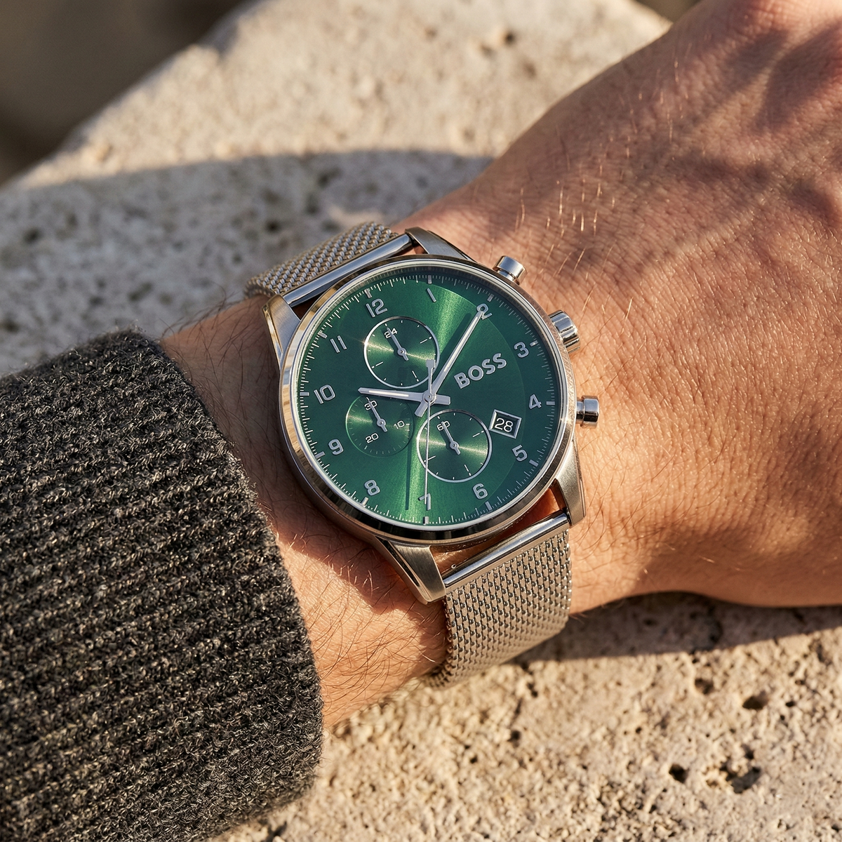 Hugo Boss Skymaster 1513938 Silver Case Green Dial Silver Mesh Bracelet Men's Watch