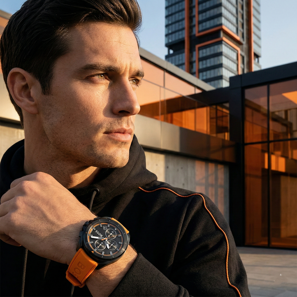 Hugo Boss Volane 1513957 Black Case Black Dial Orange Rubber Men's Watch