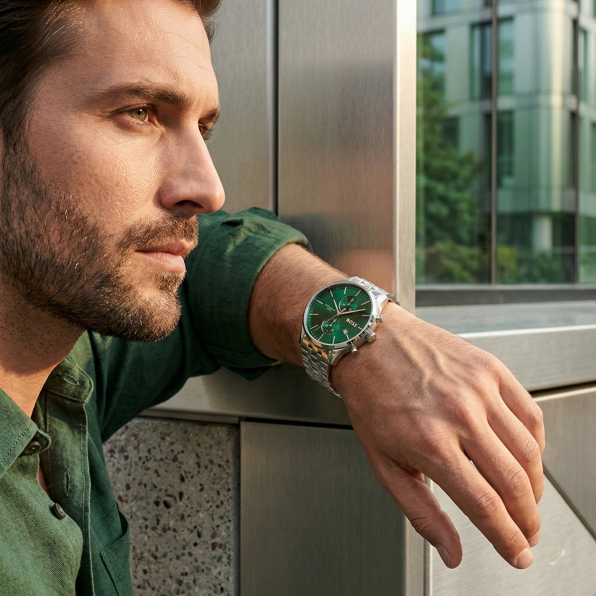 Hugo Boss Associate 1513975 Runner Silver Stainless Steel Green Dial Men's Watch