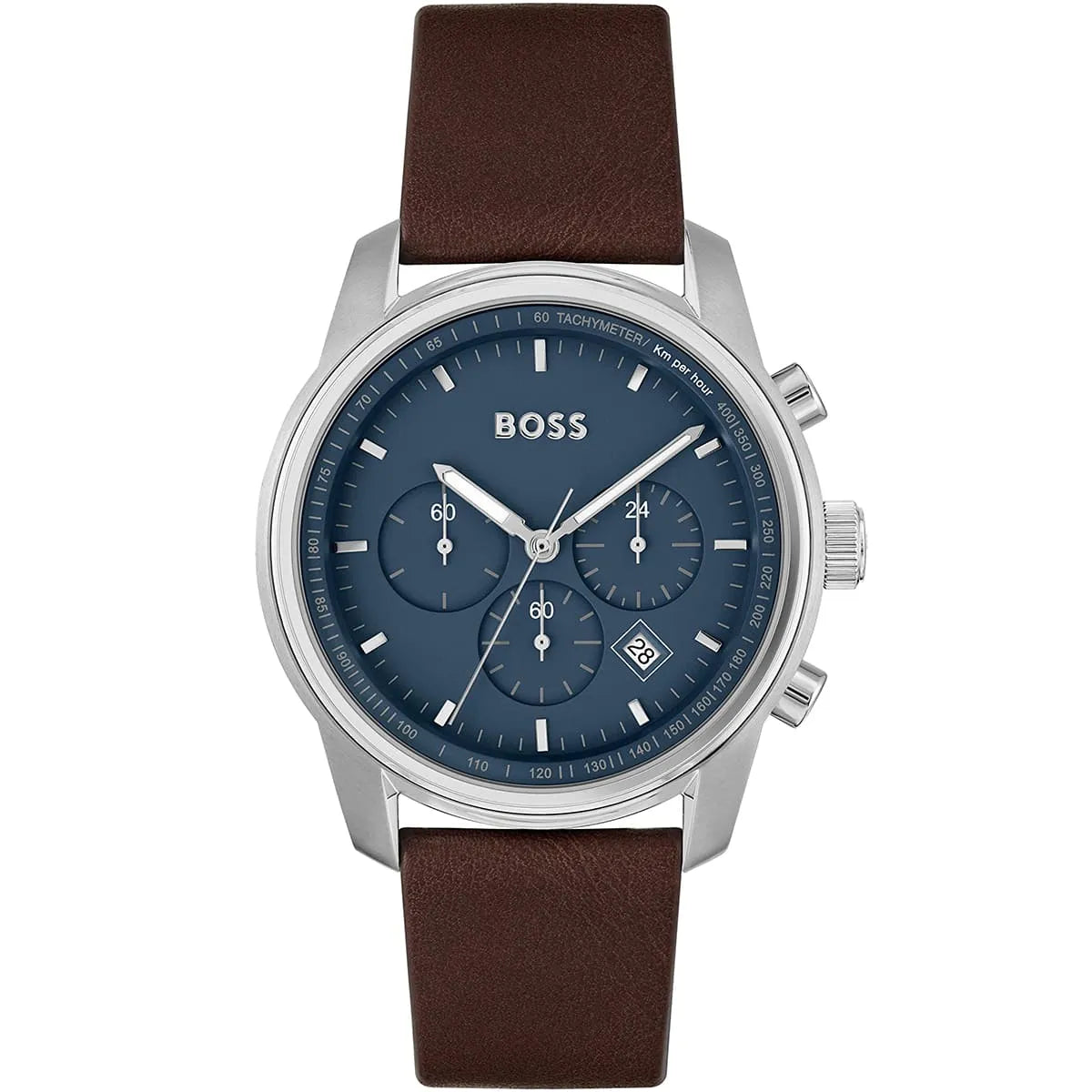 Hugo Boss Trace 1514002 Silver Case Blue Dial Brown Leather Men's Watch