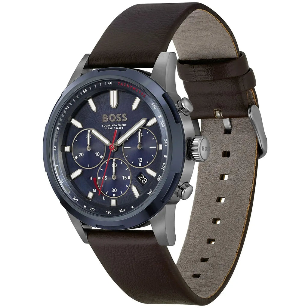 Hugo Boss Solgrade 1514030 Silver Case Blue Dial Brown Leather Men's Watch