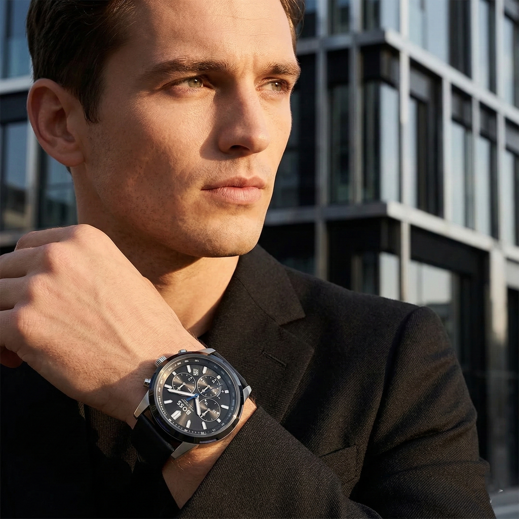 Hugo Boss Solgrade 1514031 Grey Case Black Dial Black Leather Men's Watch