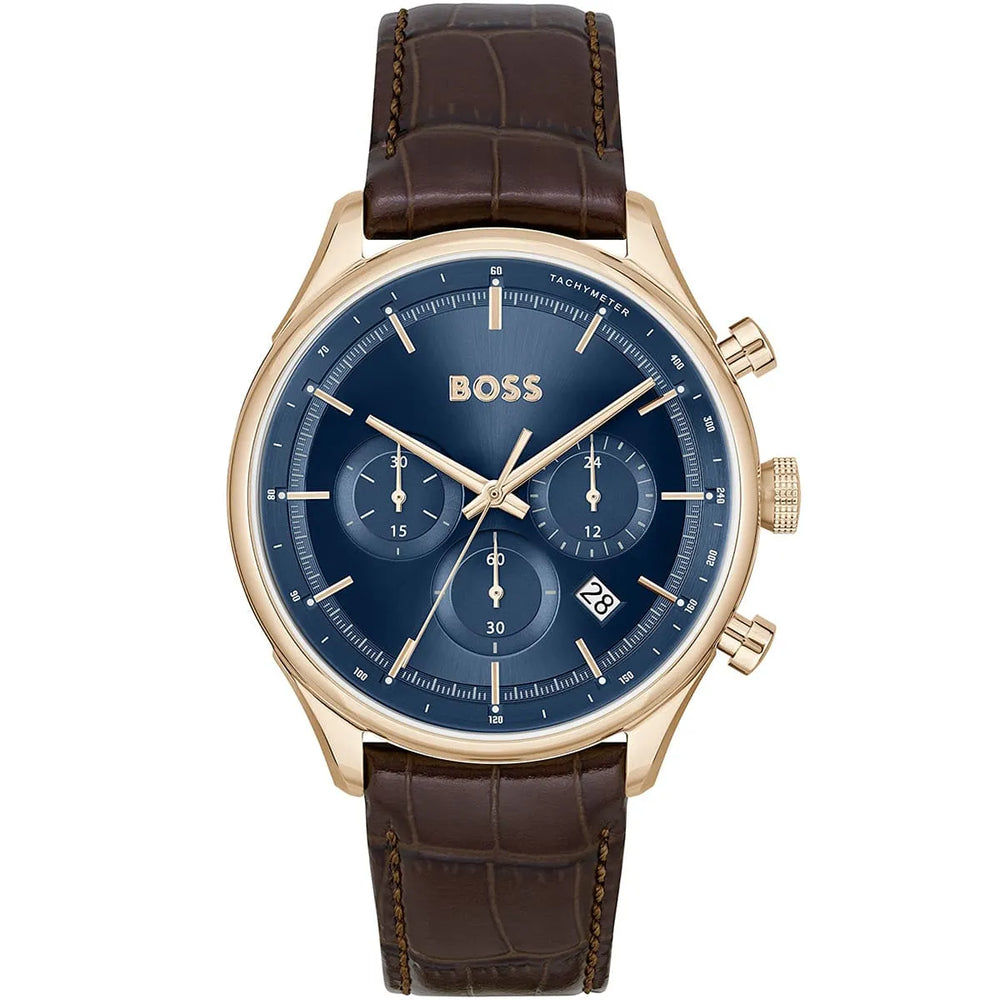 Hugo Boss Admiral 1514050 Full Gold Case Blue Dial Brown Leather Men's Watch