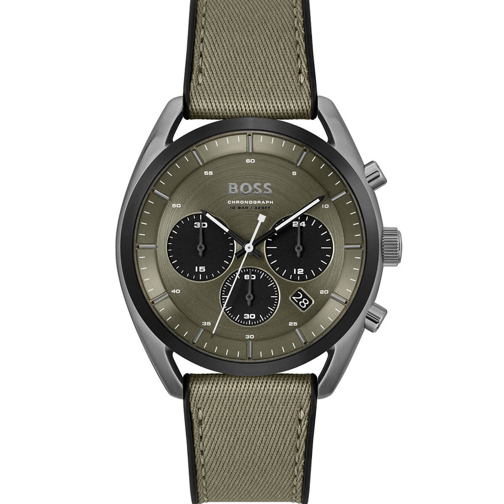 Hugo Boss Top 1514092 Grey Ion-Plated Case Olive Green Dial Olive Canvas Men's Watch