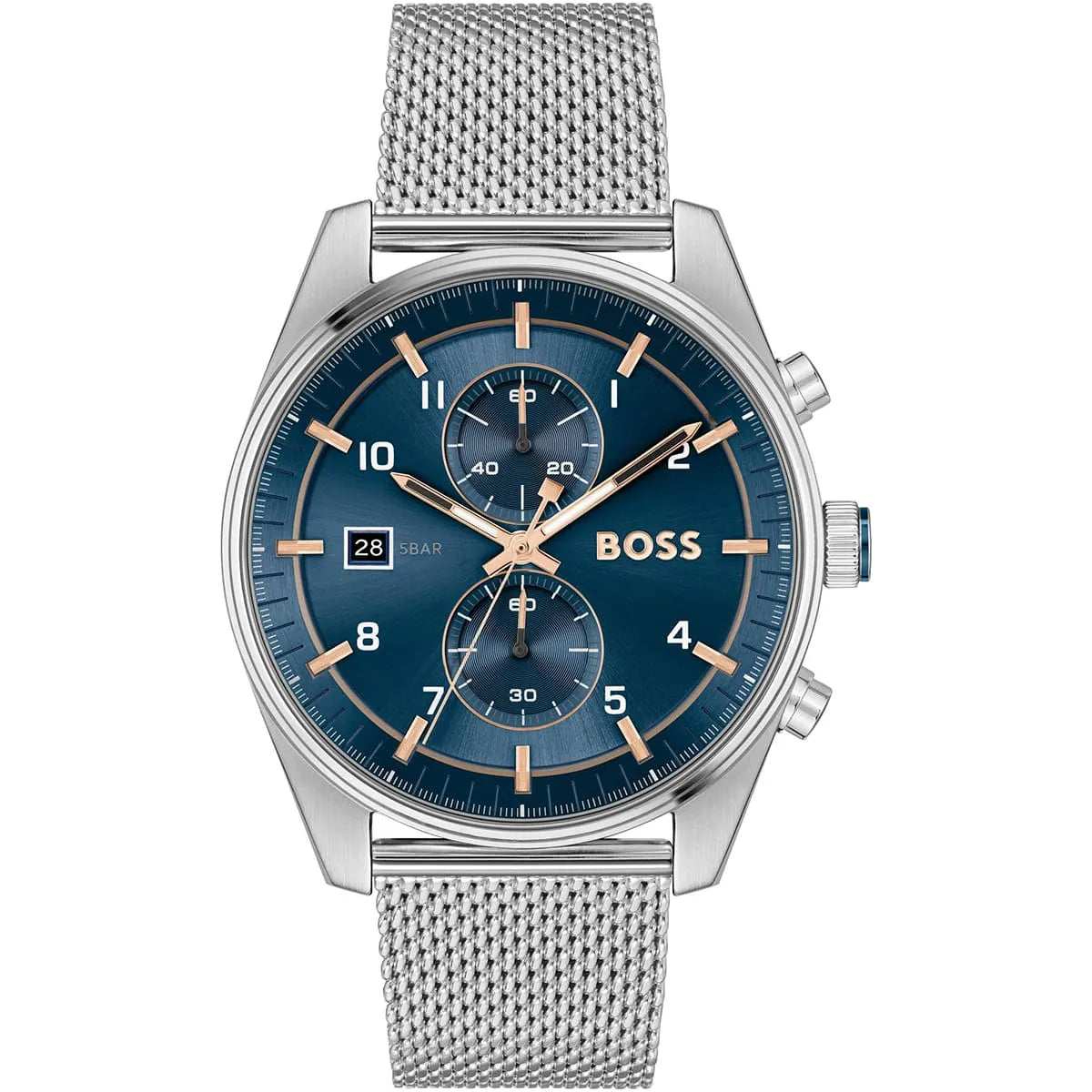 Hugo Boss Skytraveller 1514149 Men's Blue Dial Watch Silver Mesh