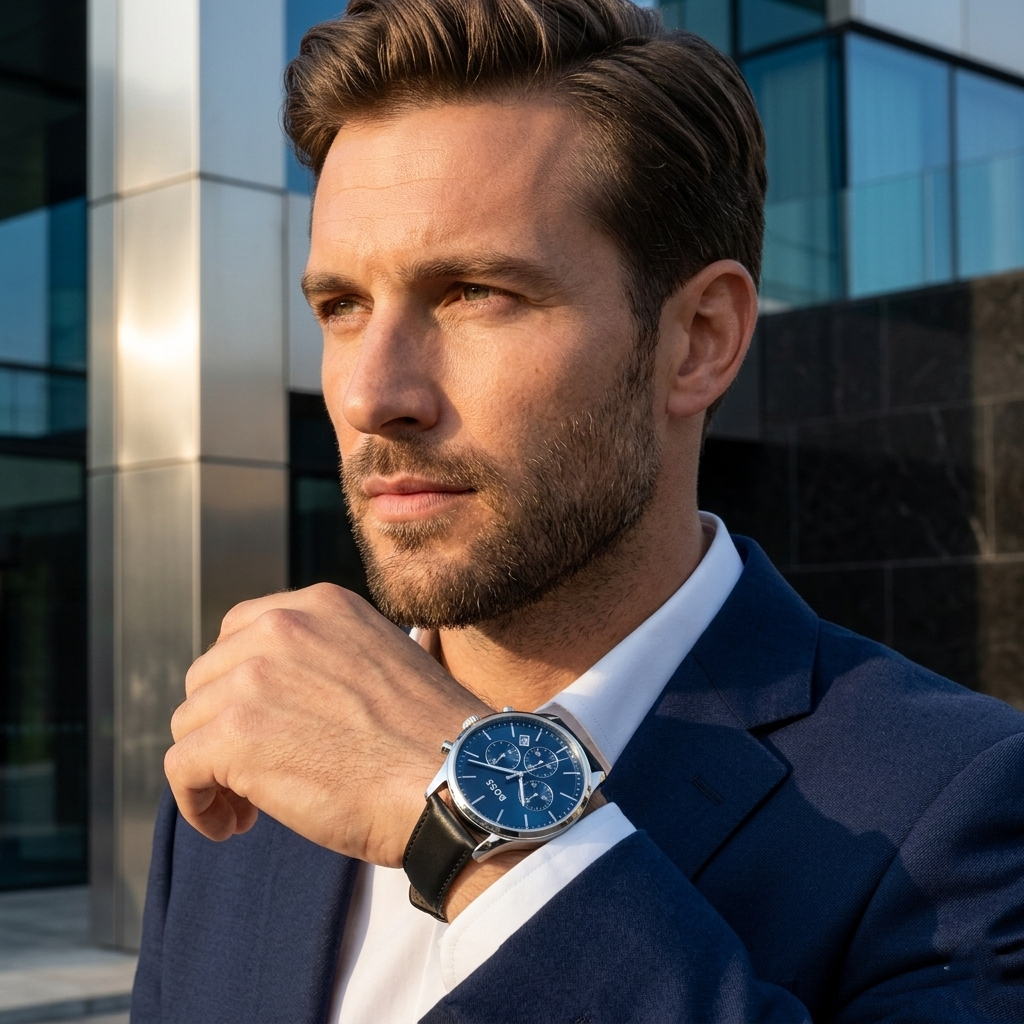 Hugo Boss Avery 1514156 Runner Silver Case Blue Dial Black Leather Men's Watch
