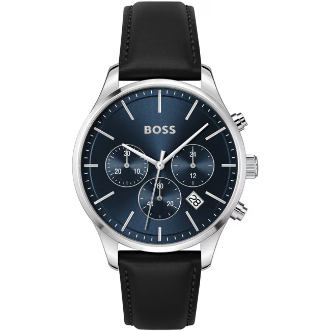 Hugo Boss Avery 1514156 Runner Silver Case Blue Dial Black Leather Men's Watch