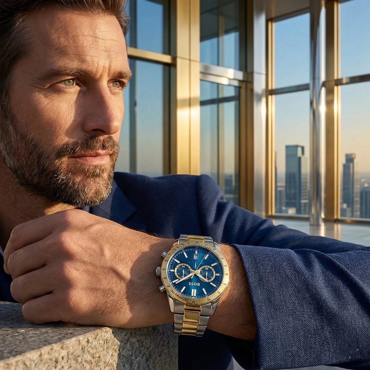 Hugo Boss Runner 1514163 Two-Tone Silver Gold Case Blue Dial Men's Watch