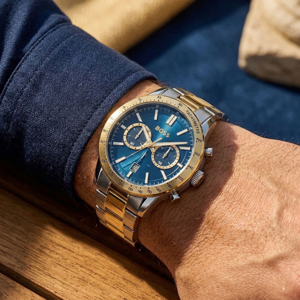 Hugo Boss Runner 1514163 Two-Tone Silver Gold Case Blue Dial Men's Watch