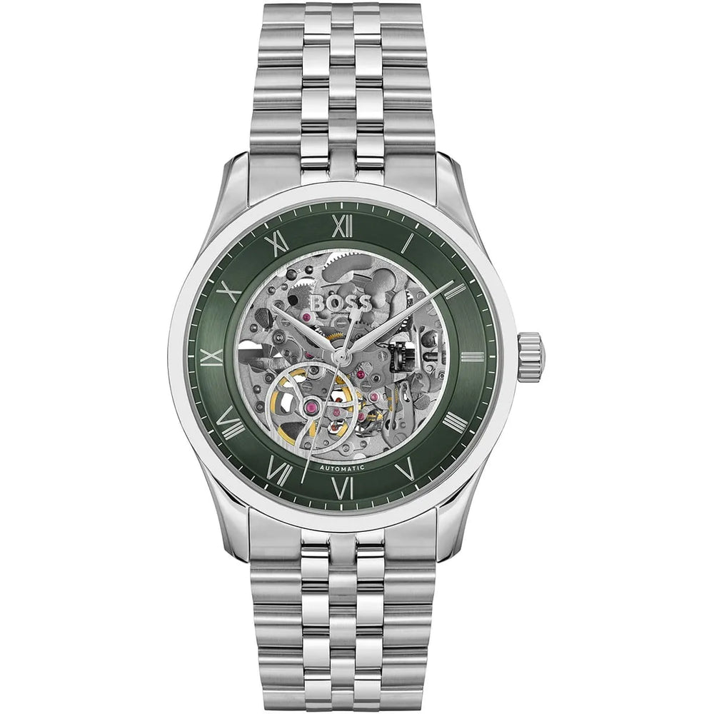 Hugo Boss Principle 1514236 Automatic Skeleton Green Dial Silver Stainless Steel Men's Watch