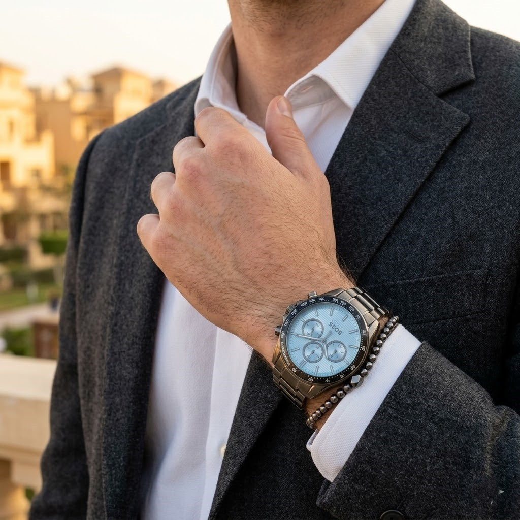 Hugo Boss Strike 1514242 Chronograph Light Blue Dial Gunmetal Stainless Steel Men's Watch