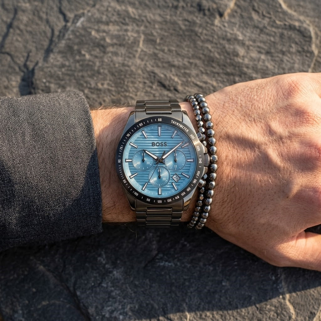 Hugo Boss Strike 1514242 Chronograph Light Blue Dial Gunmetal Stainless Steel Men's Watch