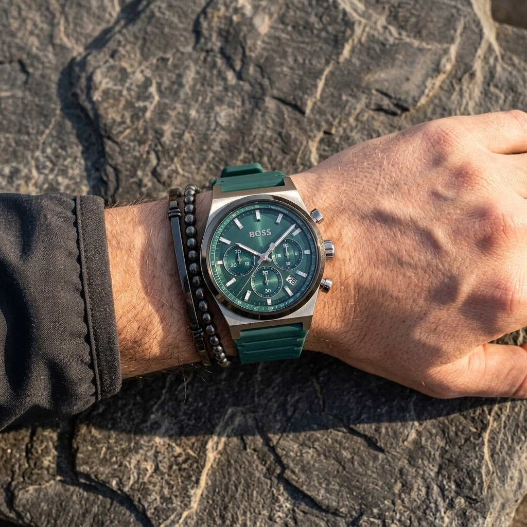 Hugo Boss Candor 1514244 Chronograph Green Dial Emerald Green Rubber Men's Watch
