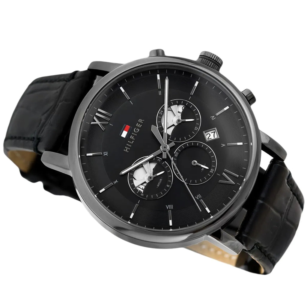 1710395 Tommy Hilfiger Evan Men's Chronograph Watch - Black Dial - Black Leather Strap -