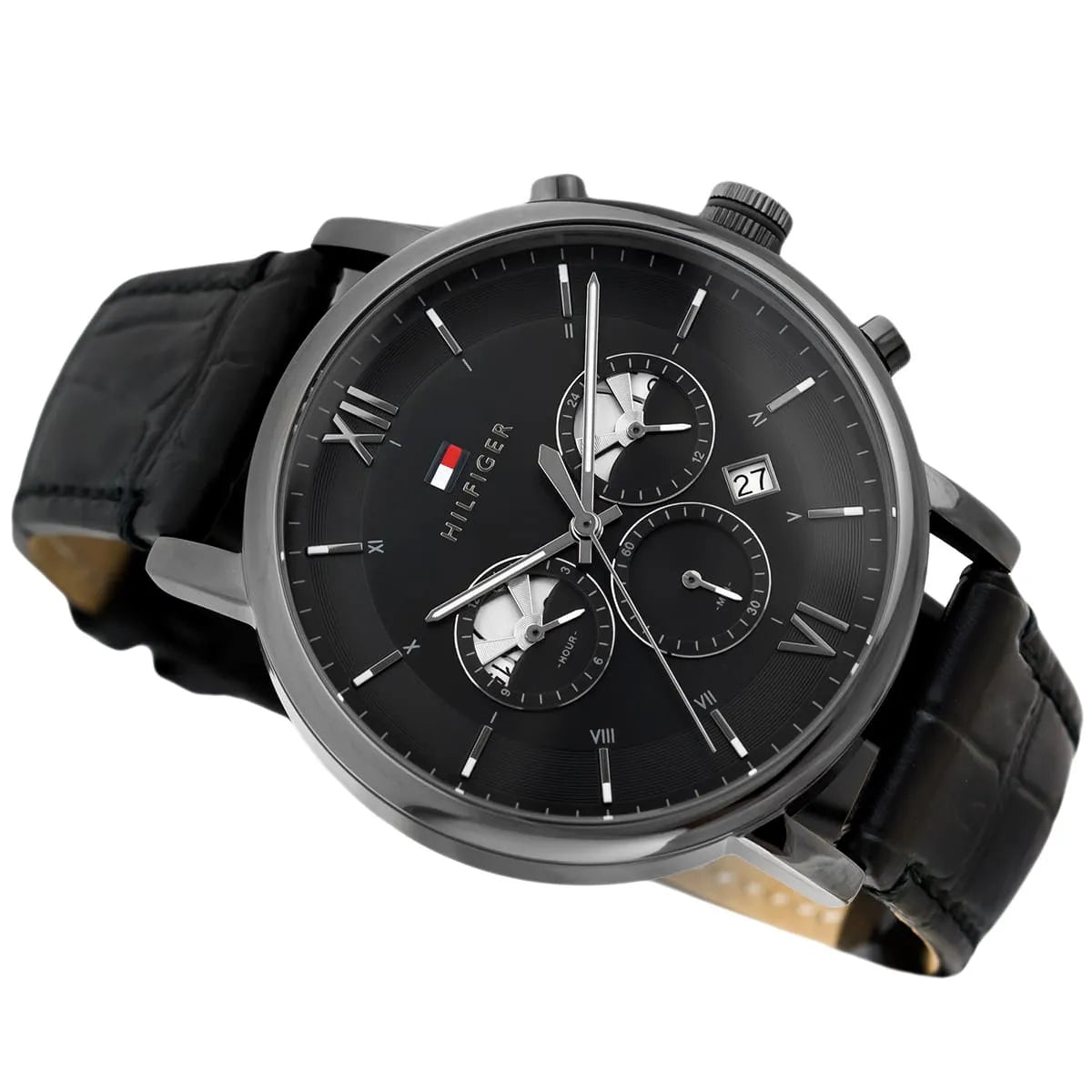 1710395 Tommy Hilfiger Evan Men's Chronograph Watch - Black Dial - Black Leather Strap -