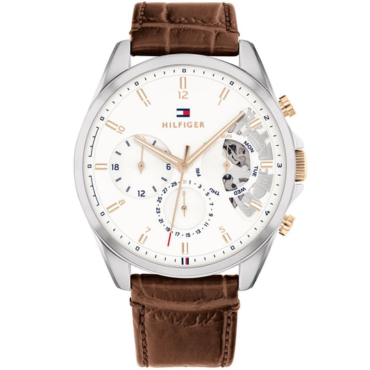 Tommy Hilfiger Baker 1710450 Silver Case White Semi-Skeleton Dial Brown Leather Men's Watch