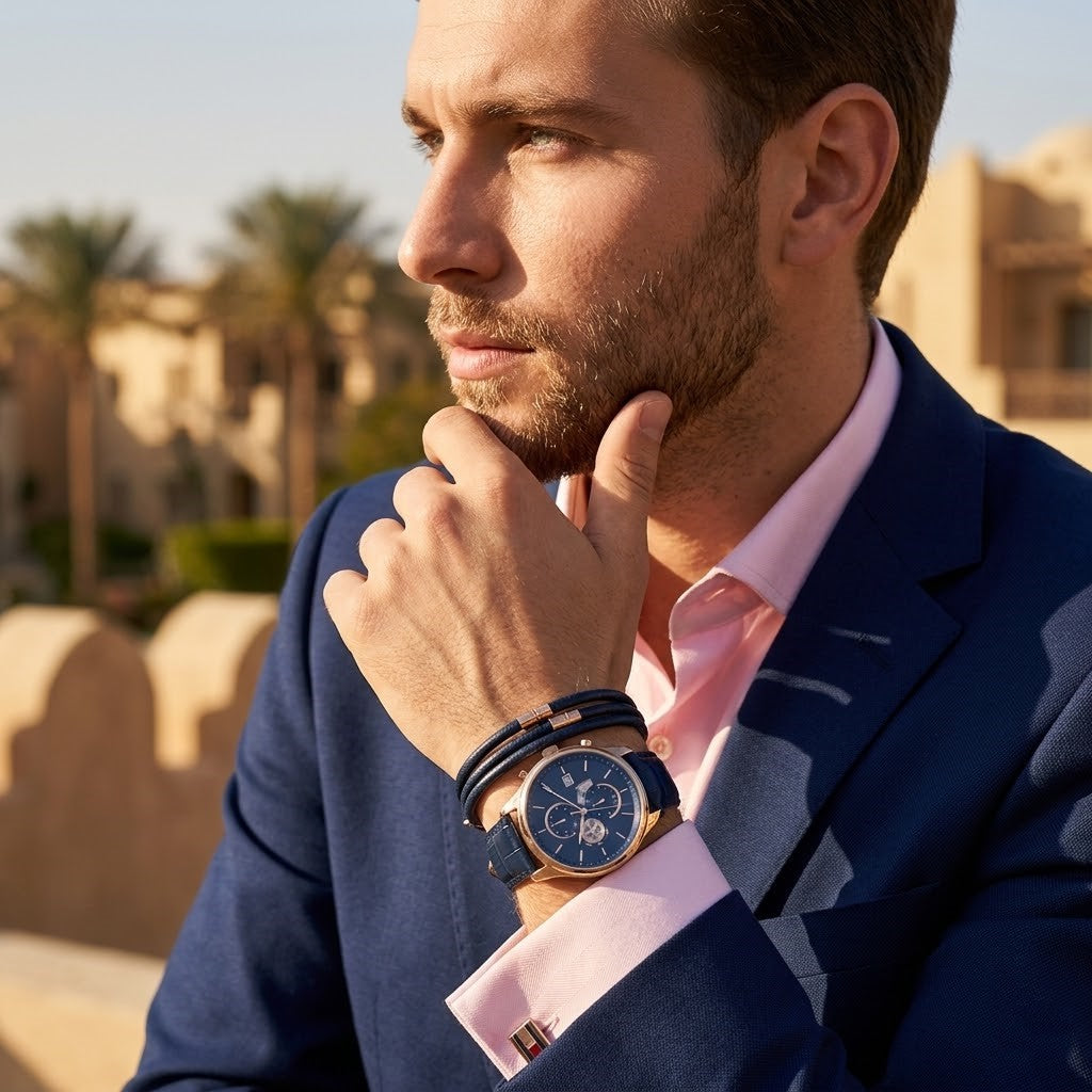 Tommy Hilfiger Weston 1710503 Rose Gold Tone Blue Dial Men's Blue Leather Watch