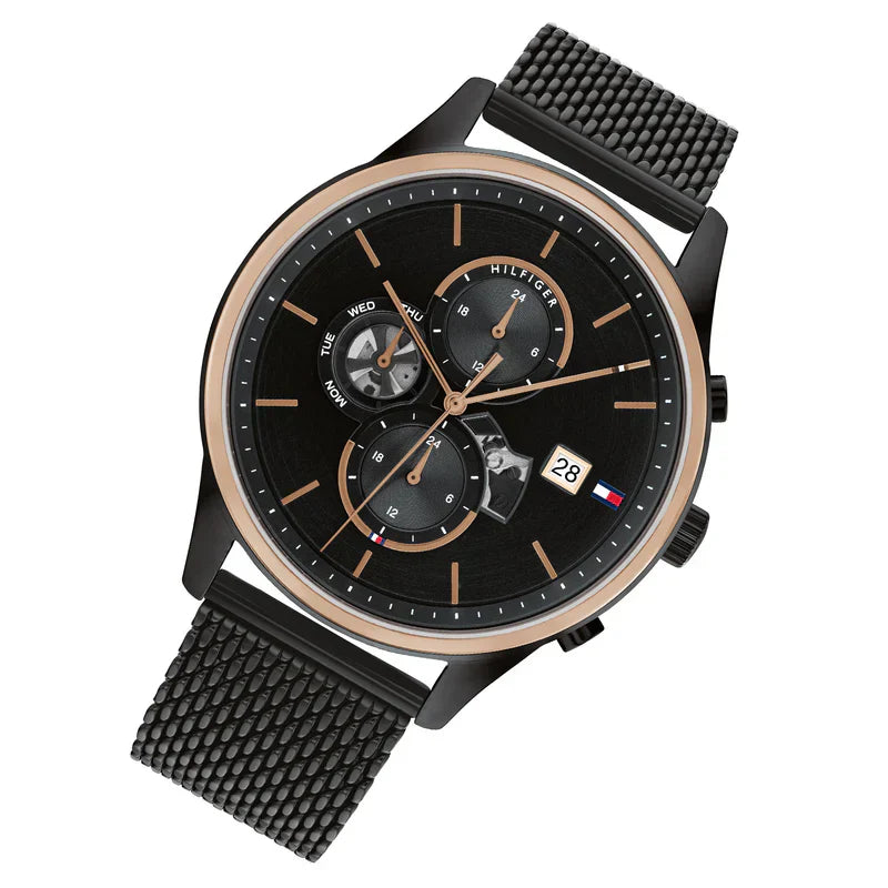 Tommy Hilfiger Weston 1710505 Two-Tone Black Dial Men's Black Stainless Steel Mesh Watch
