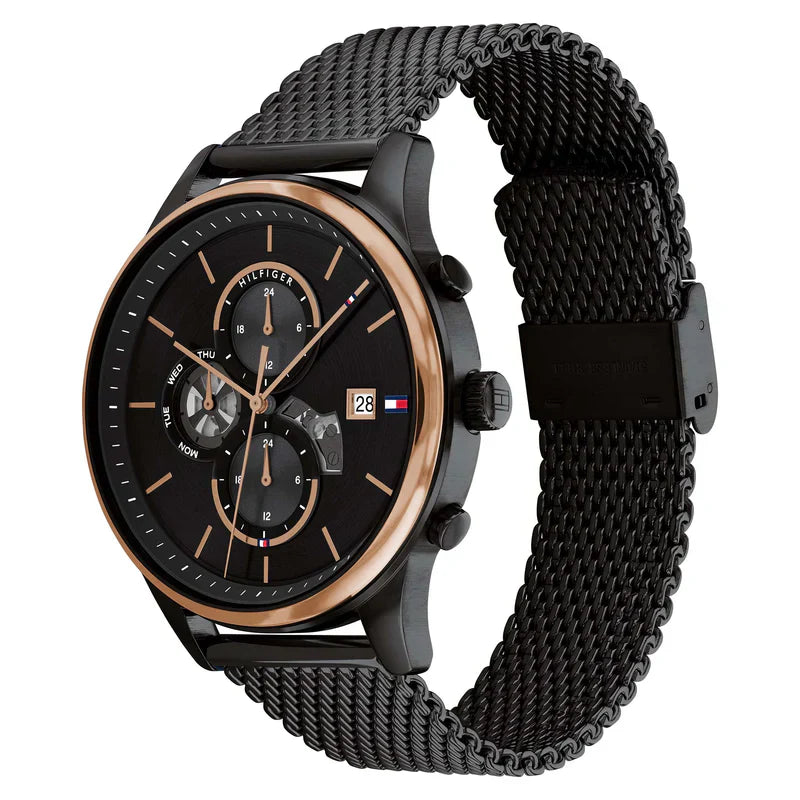 Tommy Hilfiger Weston 1710505 Two-Tone Black Dial Men's Black Stainless Steel Mesh Watch
