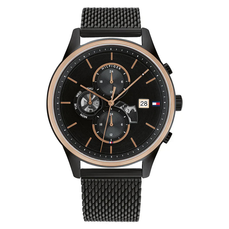 Tommy Hilfiger Weston 1710505 Two-Tone Black Dial Men's Black Stainless Steel Mesh Watch
