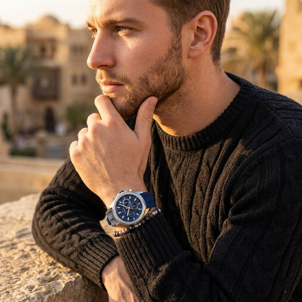 Tommy Hilfiger Lars 1710649 Silver Blue Dial Blue Rubber Men's Watch