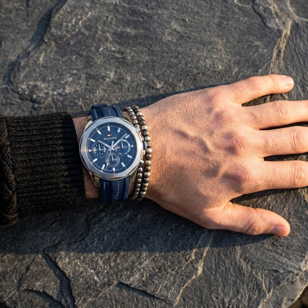 Tommy Hilfiger Lars 1710649 Silver Blue Dial Blue Rubber Men's Watch