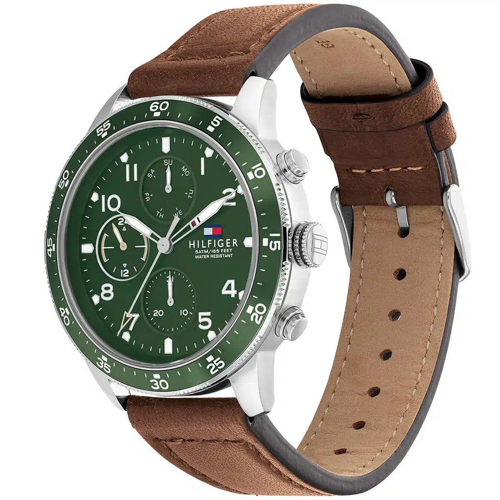 Tommy Hilfiger Jimmy 1791948 Multi-Function Green Dial Men's Brown Leather Watch