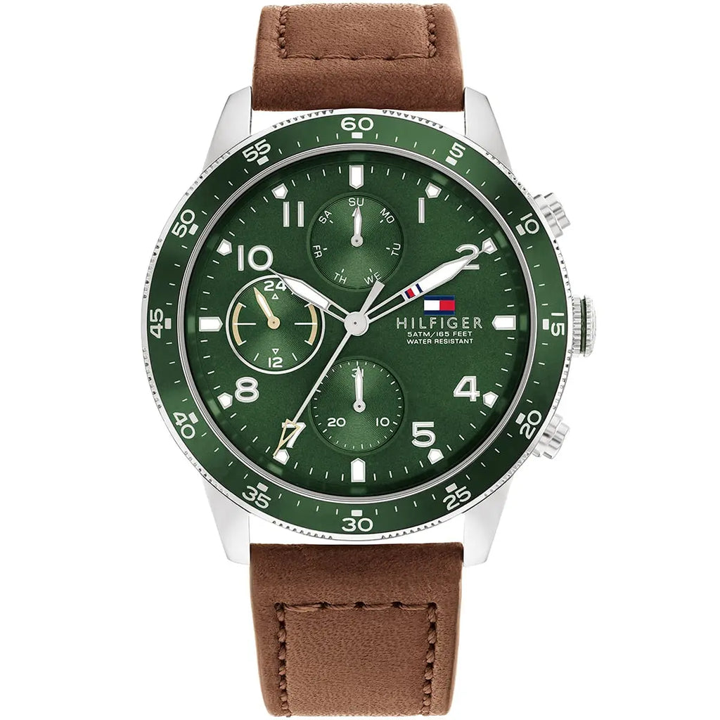 Tommy Hilfiger Jimmy 1791948 Multi-Function Green Dial Men's Brown Leather Watch