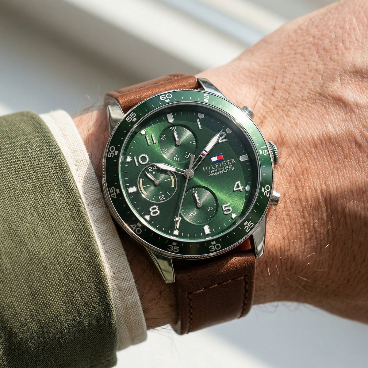 Tommy Hilfiger Jimmy 1791948 Multi-Function Green Dial Men's Brown Leather Watch