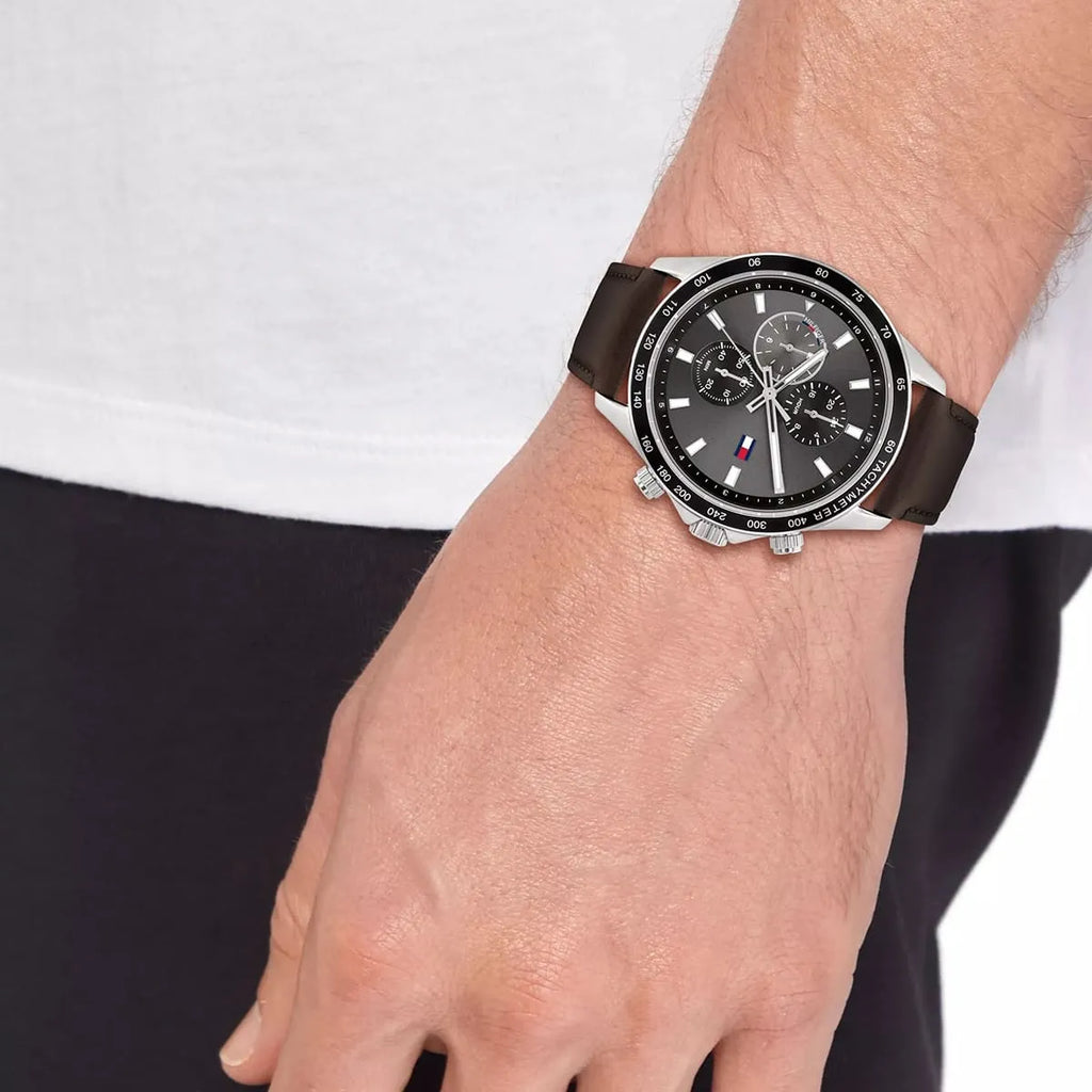 Tommy Hilfiger Miles 1792015 Silver Case Gray Dial Brown Leather Men's Watch
